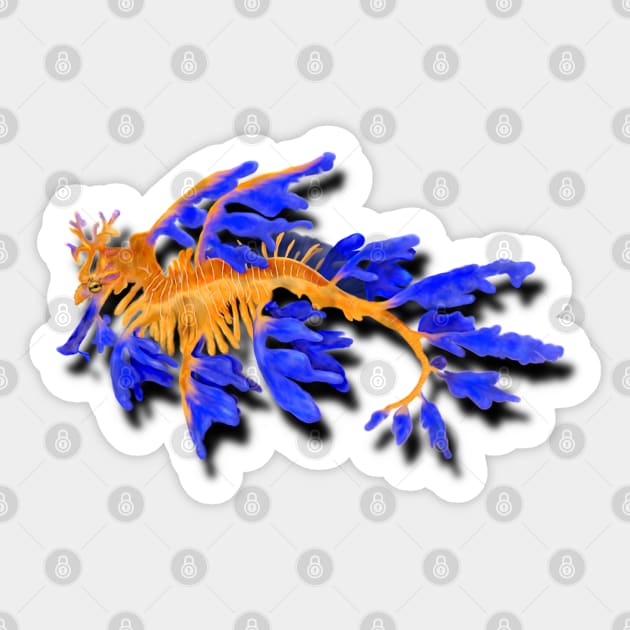 Illustrated Gold & Blue Leafy Seadragon Sticker by H. R. Sinclair